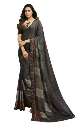 Grey printed georgette saree with blouse 1