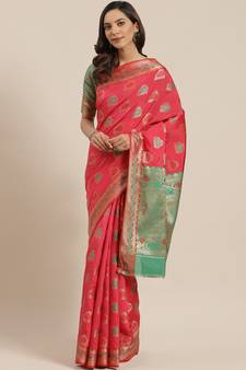 Peach Woven Banarasi Saree With Blouse
