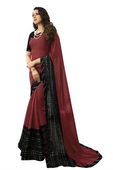 Red printed georgette saree with blouse