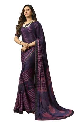 Violet printed georgette saree with blouse 1