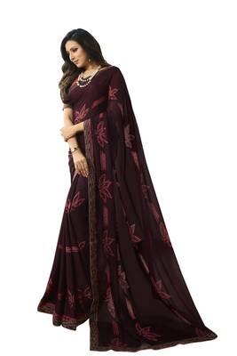 Wine printed georgette saree with blouse 1