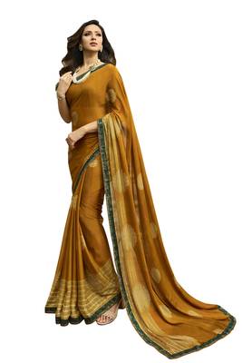Yellow printed georgette saree with blouse 1