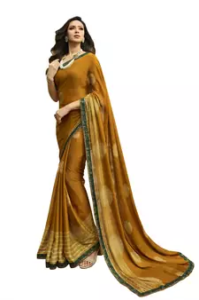 Yellow printed georgette saree with blouse