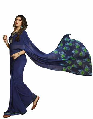 Blue printed georgette saree with blouse 1