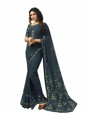 Blue printed georgette saree with blouse 1