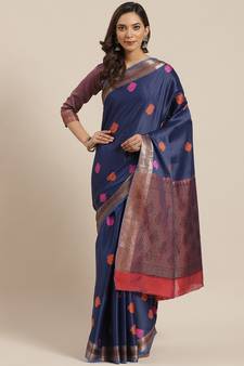 Navy Blue Woven Banarasi Saree With Blouse