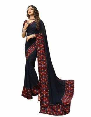 Dark blue printed georgette saree with blouse 1