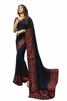 Dark blue printed georgette saree with blouse