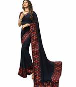 Dark blue printed georgette saree with blouse