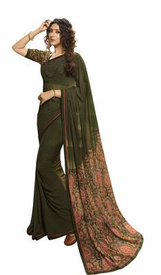 Dark green printed georgette saree with blouse 1