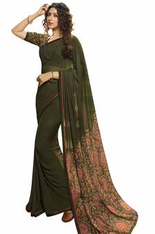 Dark green printed georgette saree with blouse