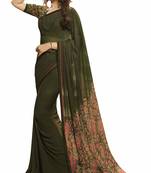 Dark green printed georgette saree with blouse