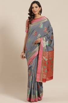 Grey Woven Banarasi Saree With Blouse