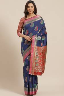 Navy Blue Woven Banarasi Saree With Blouse