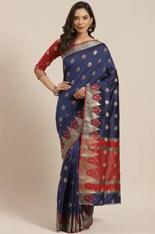 Navy Blue Woven Banarasi Saree With Blouse