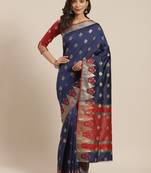 Navy Blue Woven Banarasi Saree With Blouse