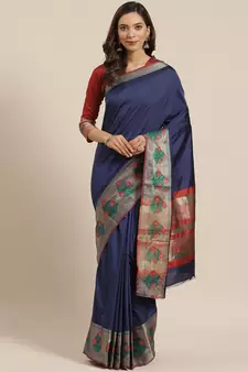 Navy Blue Woven Banarasi Saree With Blouse
