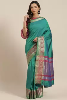 Turquoise woven banarasi saree with blouse