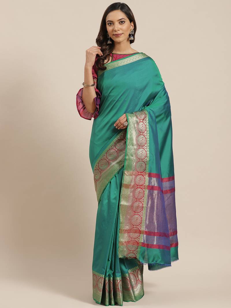 Turquoise woven banarasi saree with blouse