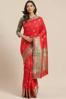 Red woven banarasi saree with blouse
