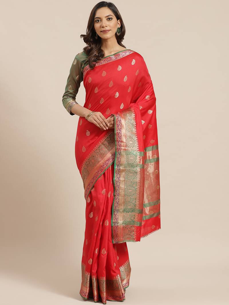 Red woven banarasi saree with blouse