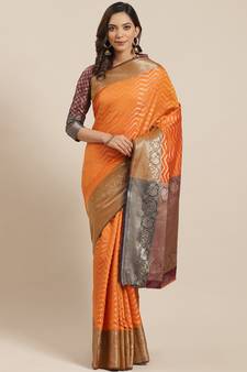 Orange Woven Banarasi Saree With Blouse