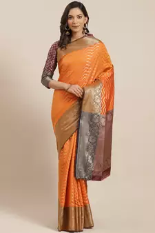 Orange Woven Banarasi Saree With Blouse
