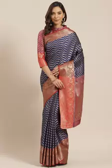 Navy Blue Woven Banarasi Saree With Blouse