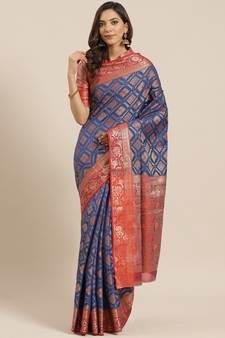 Navy Blue Woven Banarasi Saree With Blouse