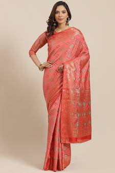 Peach Woven Banarasi Saree With Blouse