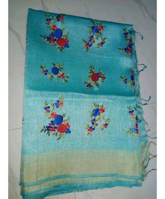 multicolor Handcrafted?Silk linen saree with embroidery work 1