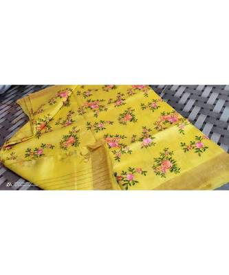 multicolor Handcrafted?Silk linen saree with embroidery work 1