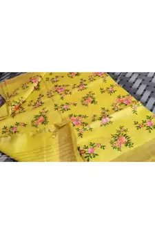 multicolor Handcrafted?Silk linen saree with embroidery work