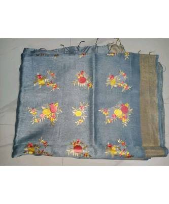 multicolor Handcrafted?Silk linen saree with embroidery work 1
