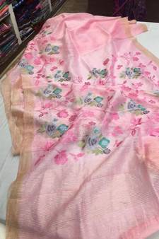 multicolor Handcrafted?Silk linen saree with embroidery work