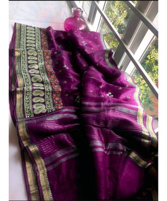 multicolor Handcrafted Silk linen saree with embroidery work 1
