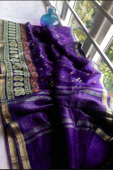 multicolor Handcrafted Silk linen saree with embroidery work