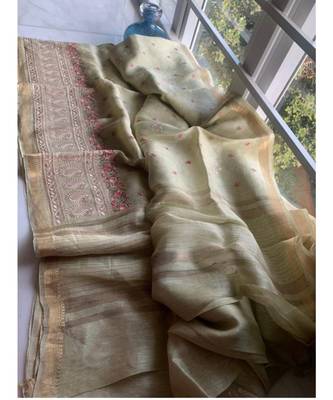 multicolor Handcrafted Silk linen saree with embroidery work 1
