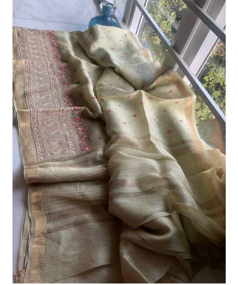 multicolor Handcrafted Silk linen saree with embroidery work