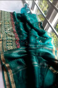 multicolor Handcrafted Silk linen saree with embroidery work