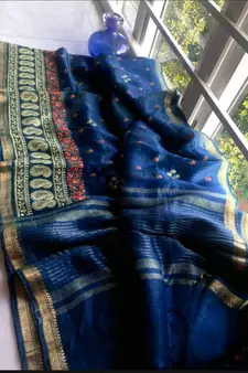 multicolor Handcrafted Silk linen saree with embroidery work