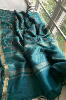 multicolor Handcrafted Silk linen saree with embroidery work