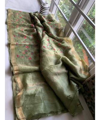 multicolor Handcrafted Silk linen saree with embroidery work 1