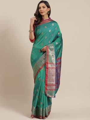 Turquoise woven banarasi saree with blouse 1