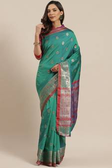 Turquoise woven banarasi saree with blouse