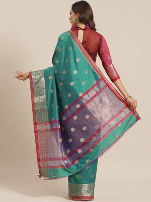 Turquoise woven banarasi saree with blouse 2
