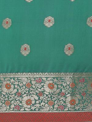 Turquoise woven banarasi saree with blouse 3