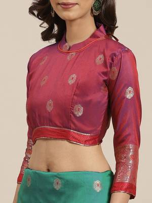 Turquoise woven banarasi saree with blouse 5