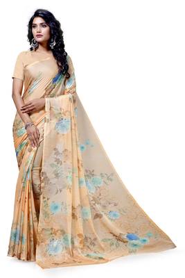 Beige printed pure chiffon saree with blouse 1