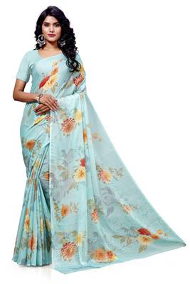 Blue printed pure chiffon saree with blouse 1